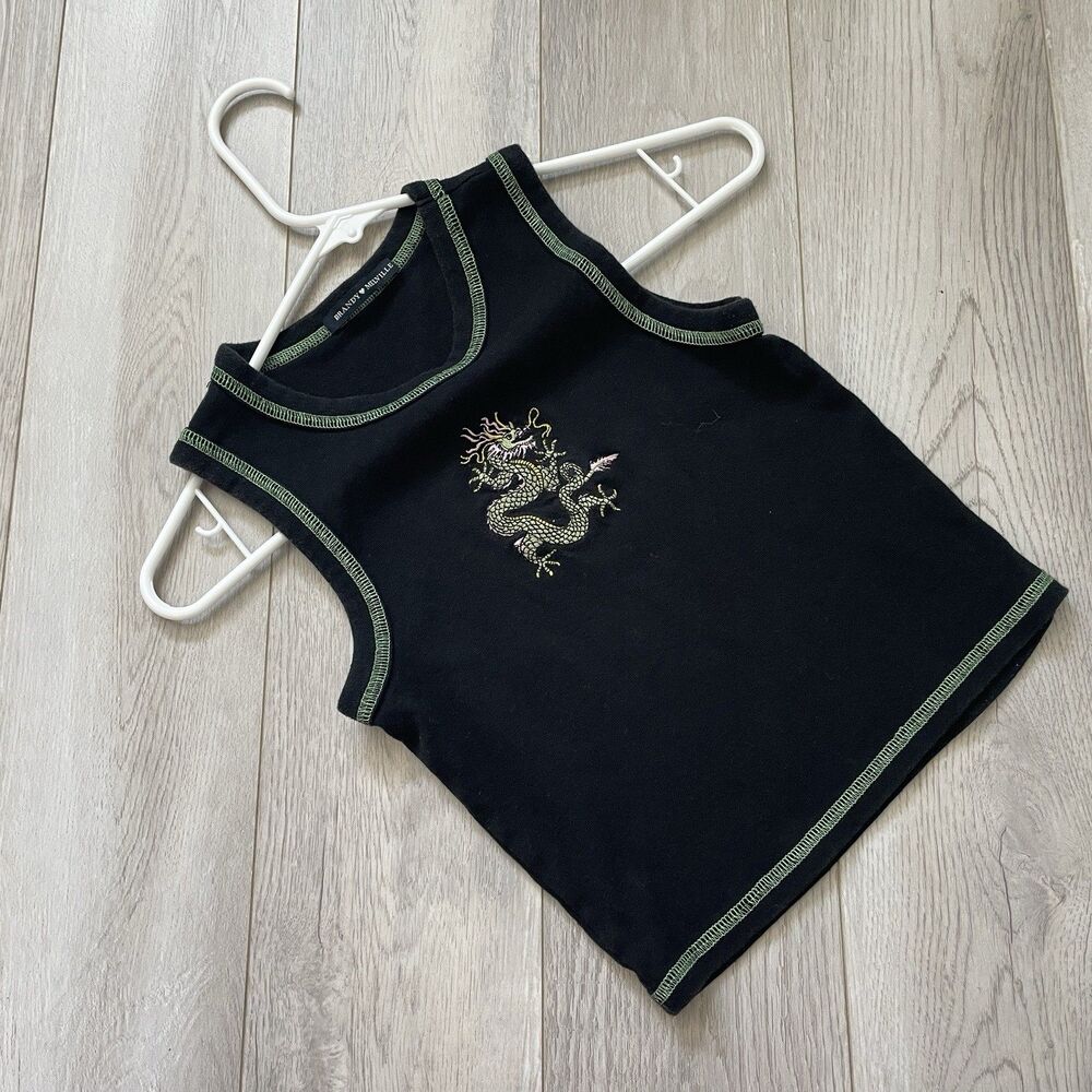 Brandy Melville Tank Top embroidered dragon crop womens Black (one size) indie